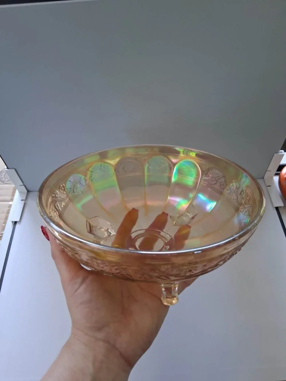 Vintage Iridescent Carnival Glass Footed Serving Bowl | Embossed Floral Design